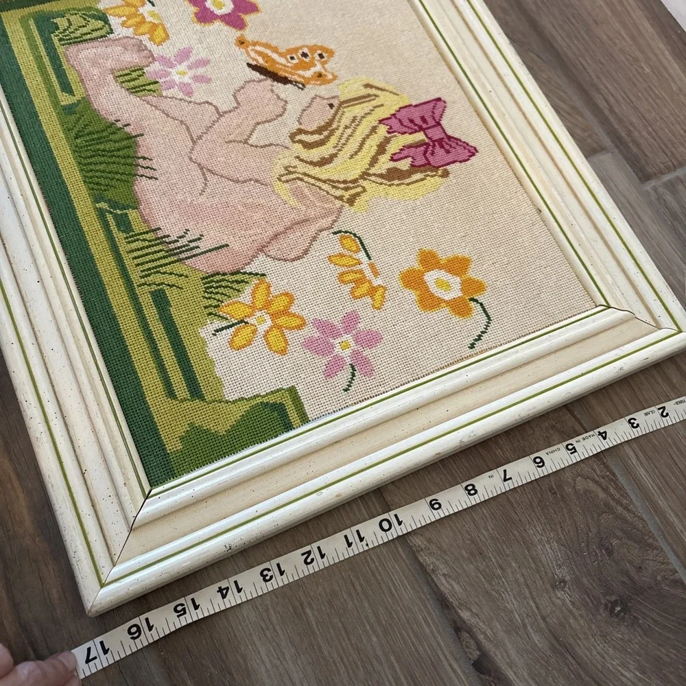 Vintage Framed cross Stitched Girl Garden Nursery Art Wood Frame 19